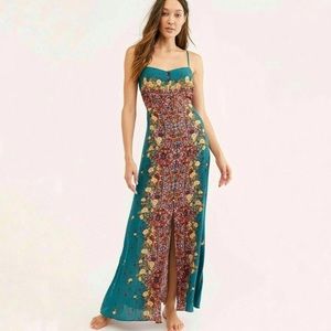 FREE PEOPLE Morning Song Maxi Dress Lace Button Front Slit Teal Green Boho XS